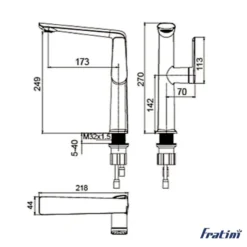 Bản vẽ kỹ thuật của vòi chậu rửa mặt nóng lạnh Fratini Milano 39040254 thân trung