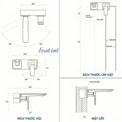 Bản vẽ kỹ thuật của vòi âm tường nóng lạnh Fratini Milano 39041657GY