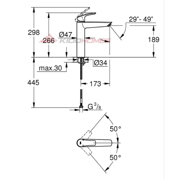 Thông số kỹ thuật của vòi chậu lavabo nóng lạnh GROHE Eurosmart XL 23971003