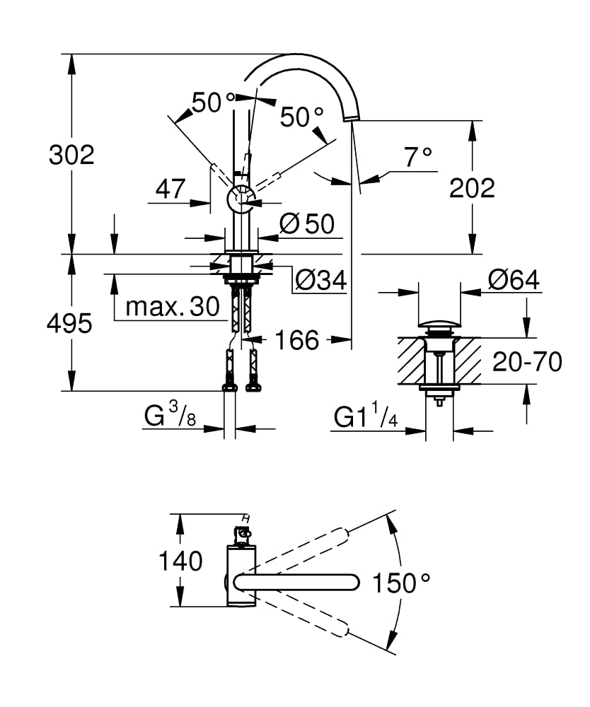 bản vẽ kỹ thuật Vòi chậu rửa mặt Grohe 32042AL3