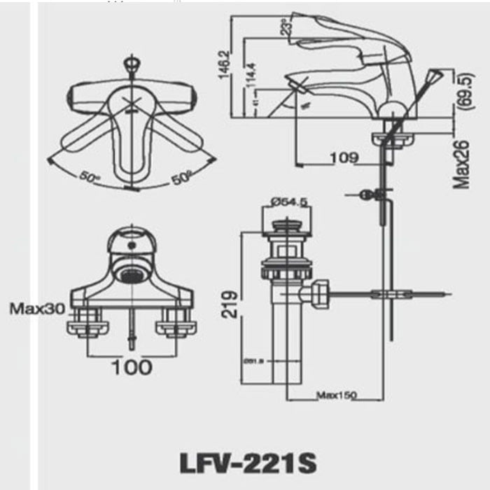 Bản vẽ kỹ thuật vòi chậu lavabo nóng lạnh INAX LFV-221S