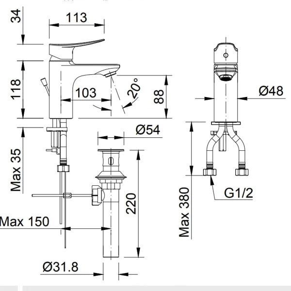 Bản vẽ kỹ thuật vòi chậu lavabo nóng lạnh INAX LFV-502S