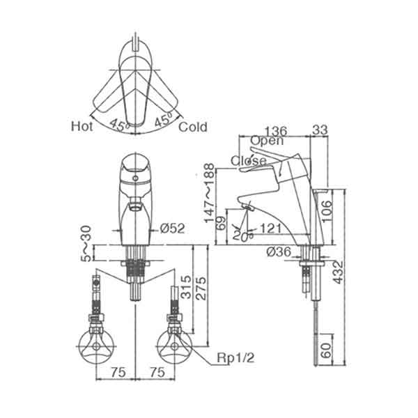 Bản vẽ kỹ thuật vòi chậu rửa mặt Inax lfv-5102s