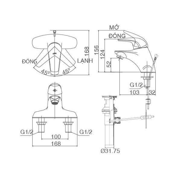 Vòi chậu lavabo nóng lạnh INAX LFV-3001S 2 Bản vẽ kỹ thuật vòi chậu rửa mặt Inax LFV-3001S