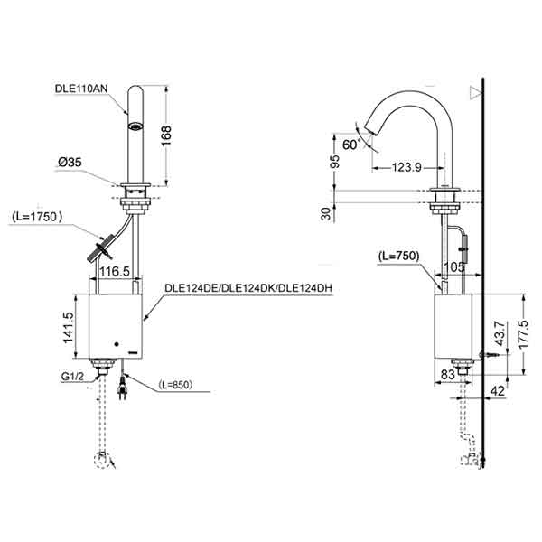 bản vẽ kỹ thuật vòi chậu rửa mặt TOTO DLE110AN/DLE124DE/DLE424SMA/TVLF405