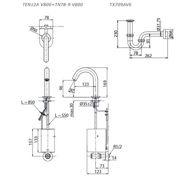 Bản vẽ kỹ thuật vòi chậu rửa mặt TOTO TEN12AV800/TN78-9V800/TX709AV6