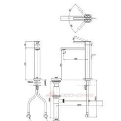 Bản vẽ kỹ thuật của vòi lavabo nóng lạnh TOTO TLG153E0A thân cao