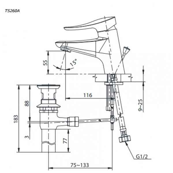 Bản vẽ kỹ thuật vòi chậu rửa mặt TOTO TS260A
