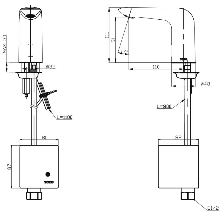 Bản vẽ kỹ thuật vòi chậu rửa mặt TOTO TTLA101/TTLE101B2L/TX709AV6