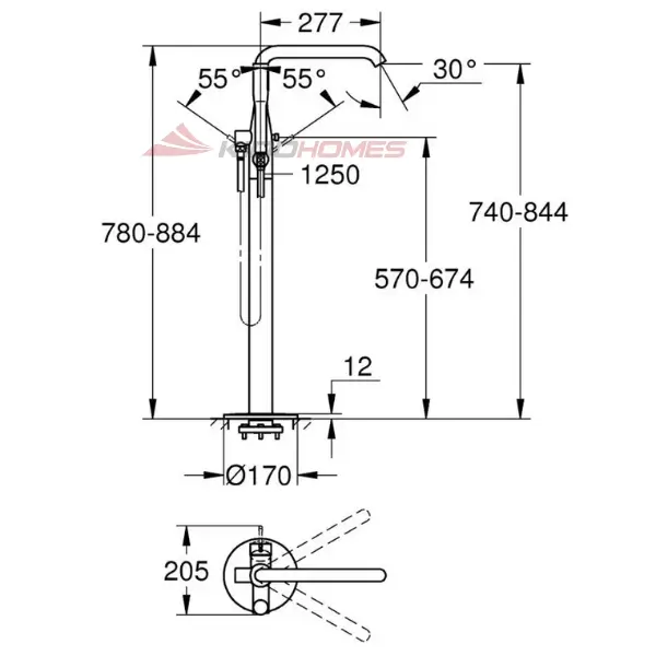 Thông số kỹ thuật của vòi sen xả bồn tắm đặt sàn nóng lạnh GROHE Essence 23491001