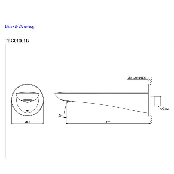 Bản vẽ kỹ thuật của vòi xả bồn tắm TOTO TBG01001B