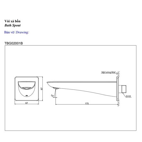 Bản vẽ kỹ thuật của vòi xả bồn tắm TOTO TBG02001B