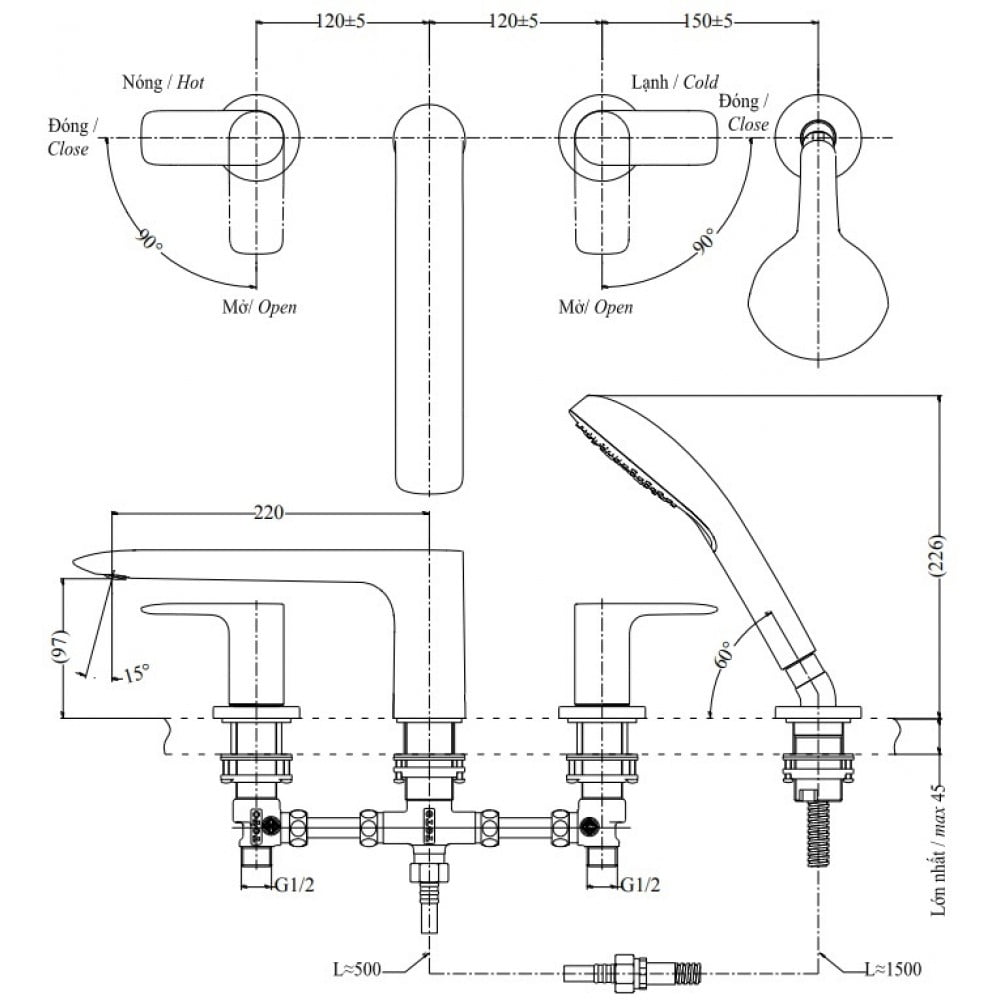 Bản vẽ kỹ thuật của vòi xả bồn tắm TOTO TBG04202B