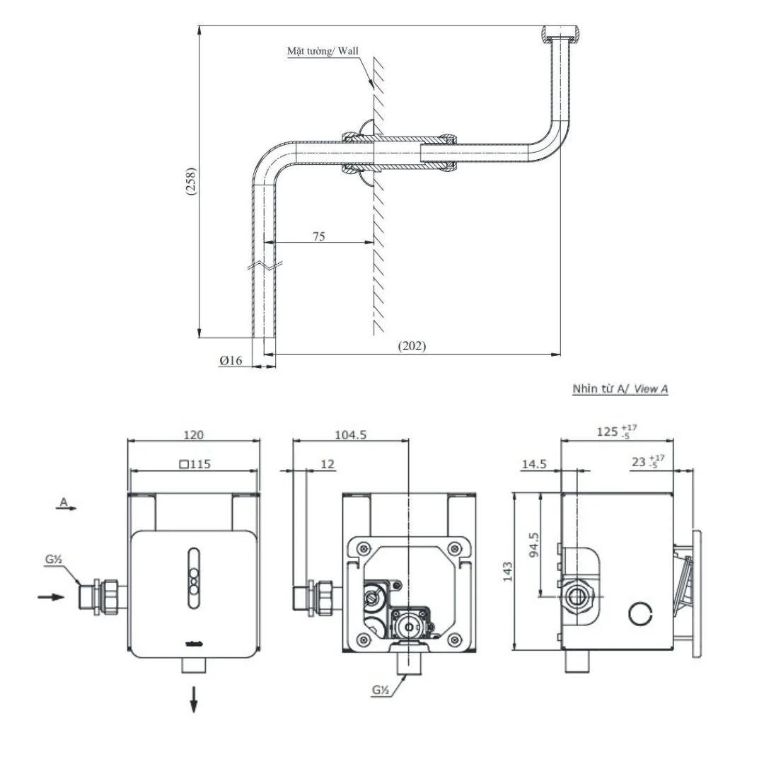 Bản vẽ kĩ thuật của Phụ Kiện Bồn Tiểu Nam TOTO DUE126UK/VM2L037Z