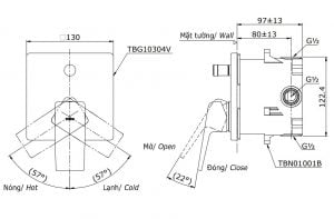 Bản vẽ kỹ thuật của van điều chỉnh nóng lạnh kèm nút chuyển hướng TOTO TBG10304VA/TBN01001B