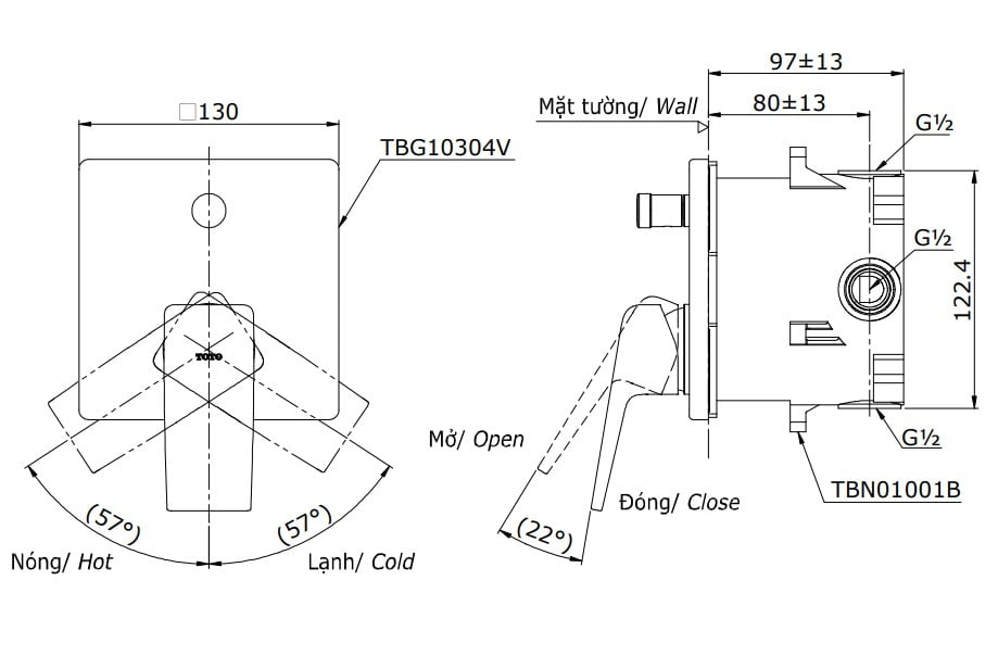 Bản vẽ kỹ thuật của van điều chỉnh nóng lạnh kèm nút chuyển hướng TOTO TBG10304VA/TBN01001B
