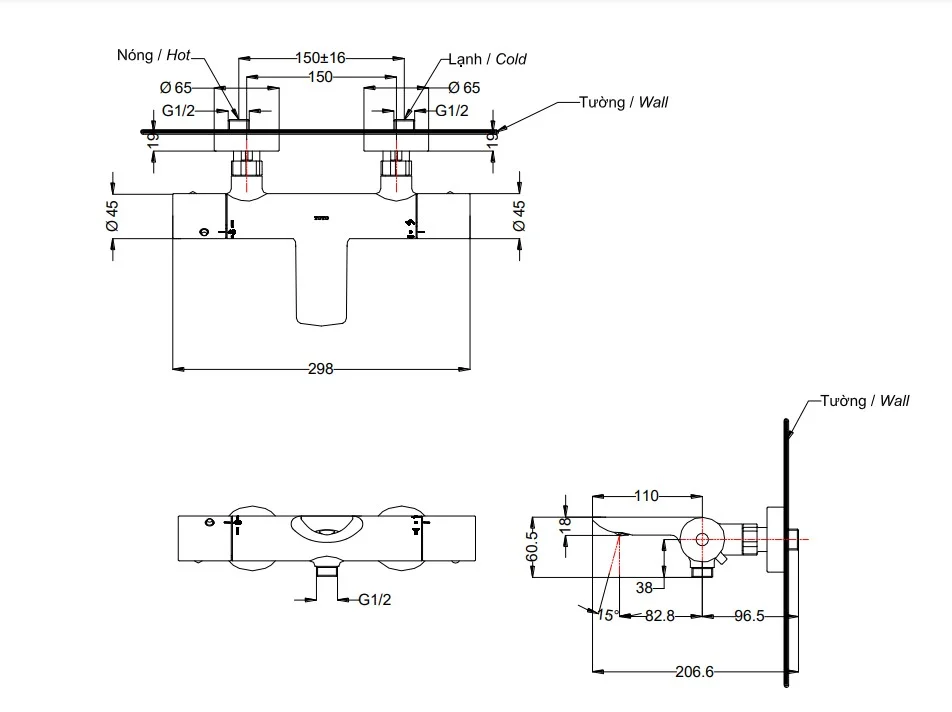 Bản vẽ kĩ thuật của Van Điều Chỉnh Nhiệt Độ TOTO TBV01402BA