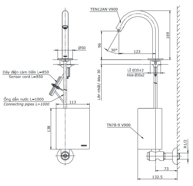 Bản vẽ kĩ thuật của Vòi Chậu Cảm Ứng TOTO TEN12ANV900/TN78-9V900