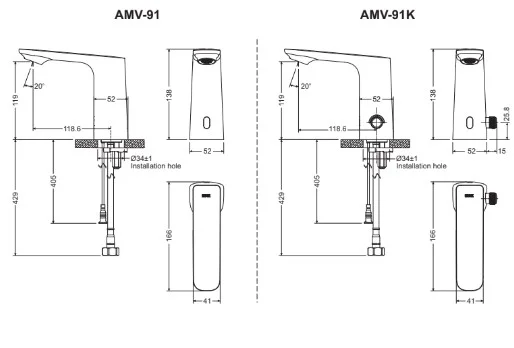 Bản vẽ kĩ thuật của Vòi Chậu Nước Lạnh Tự Động Inax AMV-91