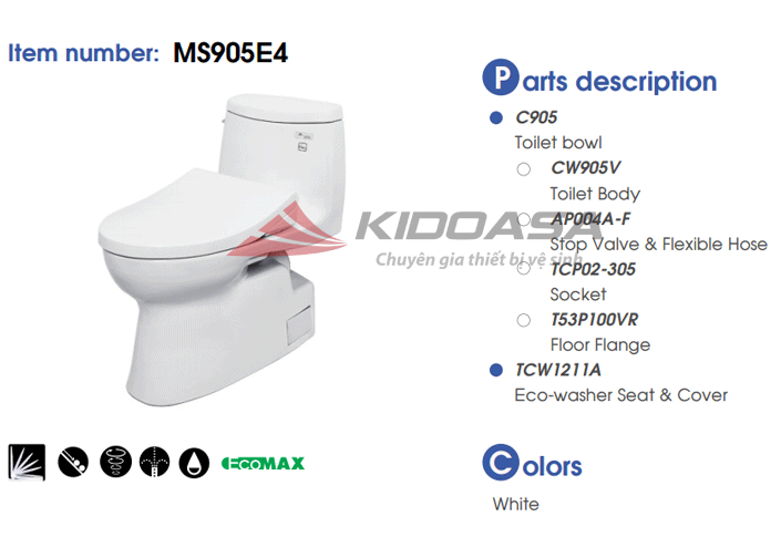 Bồn cầu 1 khối TOTO MS905E4 - Nắp rửa Ecowasher - Ảnh 3
