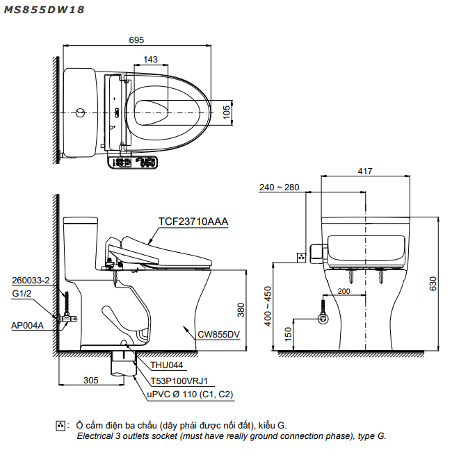 Bồn Cầu 1 Khối Nắp Rửa Điện Tử TOTO MS855DW18#XW - Ảnh 2