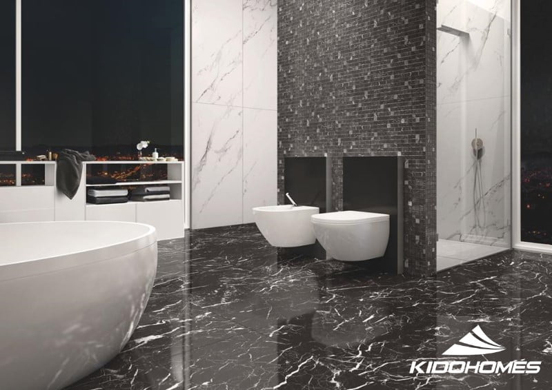 Một số mẫu gạch lát nền phòng tắm đẹp: gạch vân đá marble đen