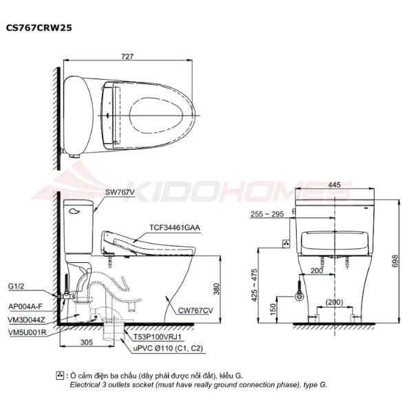 bản vẽ kỹ thuật của Bàn cầu thông minh TOTO CS767CRW25#XW
