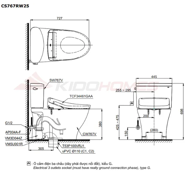 Bản vẽ kỹ thuật của bàn cầu thông minh TOTO CS767RW25#XW