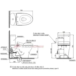 Bản vẽ kỹ thuật của bàn cầu 2 khối TOTO CS838CDW24#XW kèm WASHLET S2
