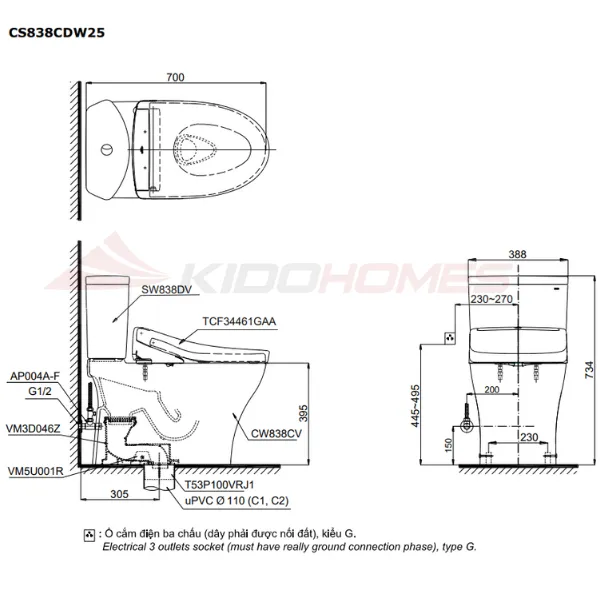bản vẽ kỹ thuật của Bàn cầu thông minh TOTO CS838CDW25#XW