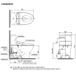 Bản vẽ kỹ thuật của bàn cầu thông minh TOTO CS838DW25#XW