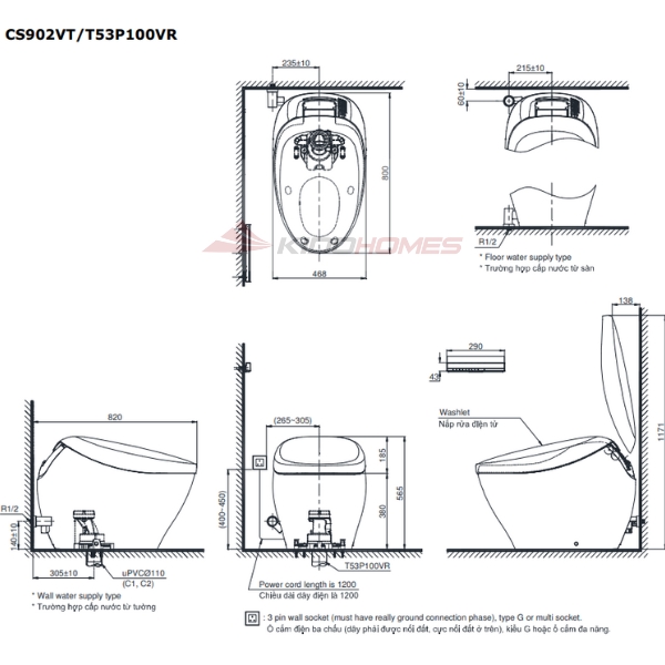 Bản vẽ kỹ thuật của bàn cầu thông minh TOTO NEOREST NX CS902VT#NW1/T53P100VR
