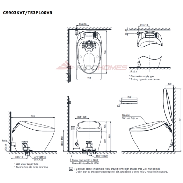 Bản vẽ kỹ thuật của bàn cầu thông minh TOTO NEOREST NX CS903KVT#NW1/T53P100VR