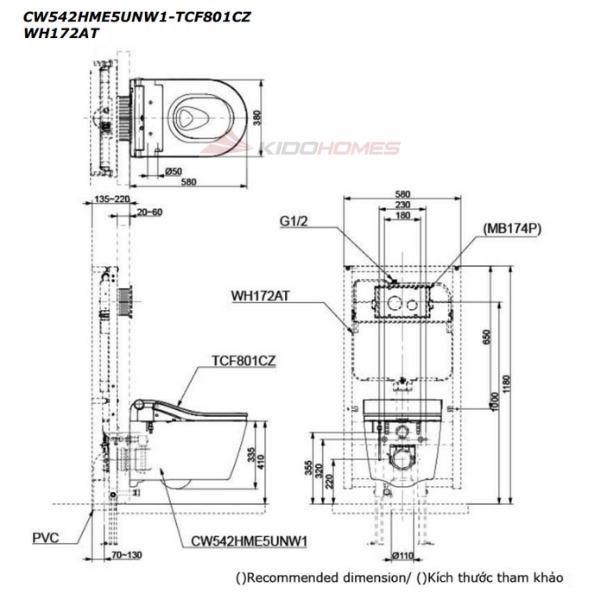 Bản vẽ kỹ thuật bàn cầu treo tường nắp điện tử TOTO của bàn cầu treo tường nắp điện tử TOTO CW542HME5UNW1/TCF801CZ/WH172AT/MB175M#SS