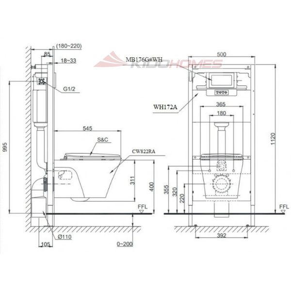 Bồn cầu TOTO nắp rửa cơ treo tường CW822RA#W TCW1211A#NW1 WH172A MB176G#WH 3 Bản vẽ kỹ thuật của bồn cầu TOTO treo tường CW822RA#W TCW1211A#NW1 WH172A MB176G#WH