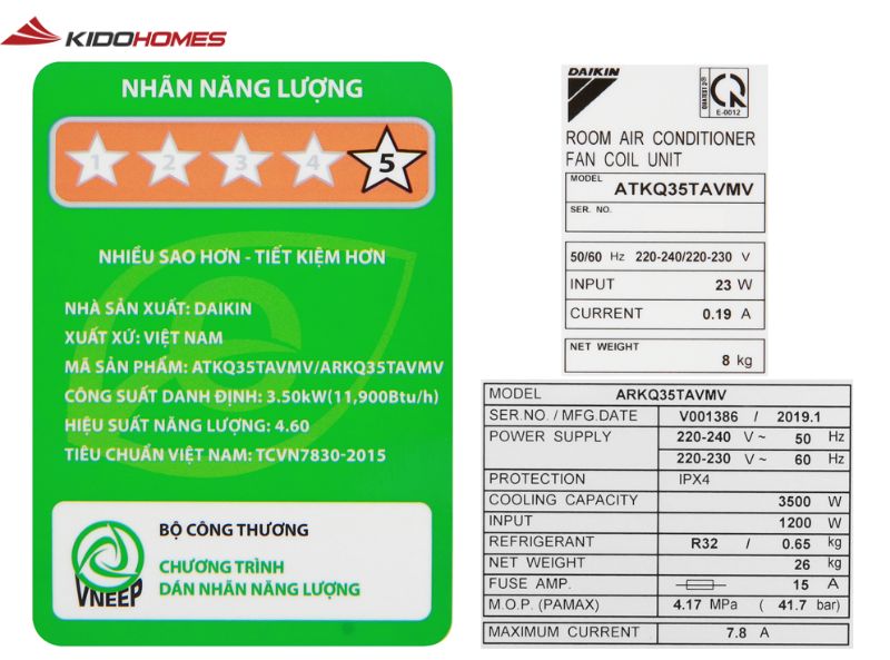 Dùng điều hòa 1 tiếng hết bao nhiêu số điện? Tính chi tiết chi phí bạn cần biết 2 hình minh họa tem có chi tiết công suất tiêu thụ điện của điều hòa