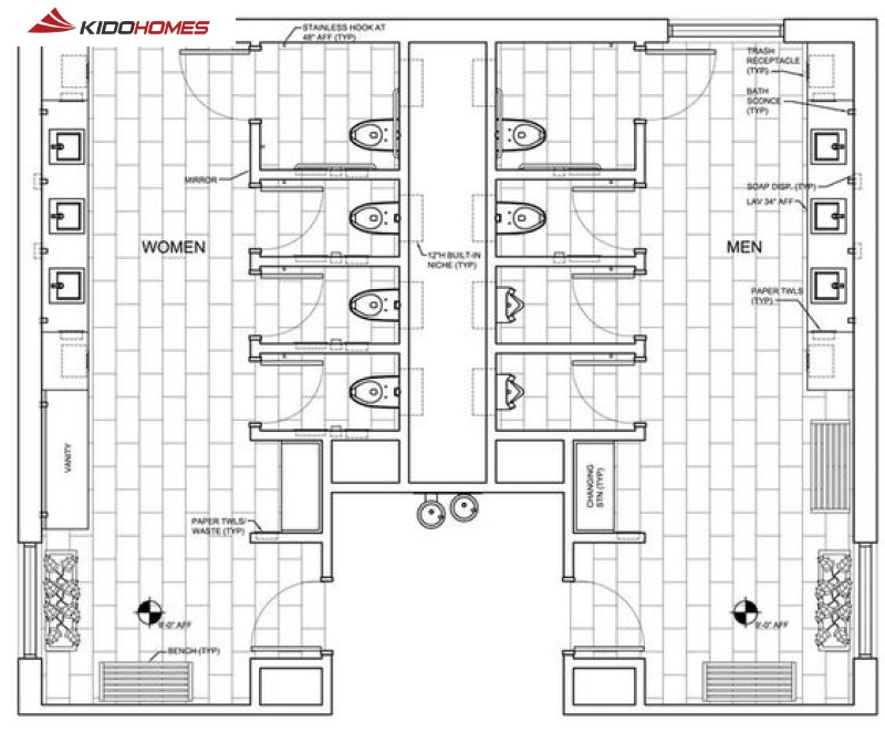 Diện tích tối thiểu cho phòng vệ sinh công cộng khoảng 1,5 m²/người sử dụng