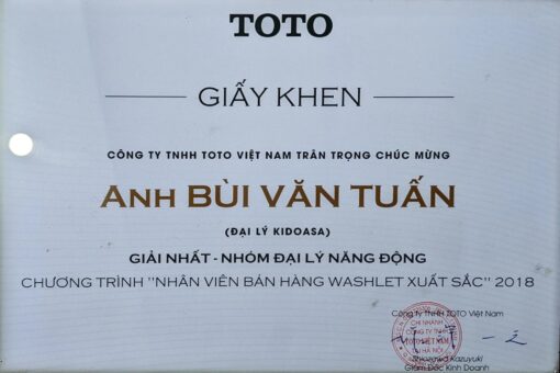 Các chứng nhận và giải thưởng KIDOHOMES đặt được khi là đại lý phân phối chính thức của TOTO Việt Nam tại Hà Nội