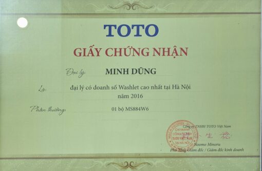 Các chứng nhận và giải thưởng KIDOHOMES đặt được khi là đại lý phân phối chính thức của TOTO Việt Nam tại Hà Nội