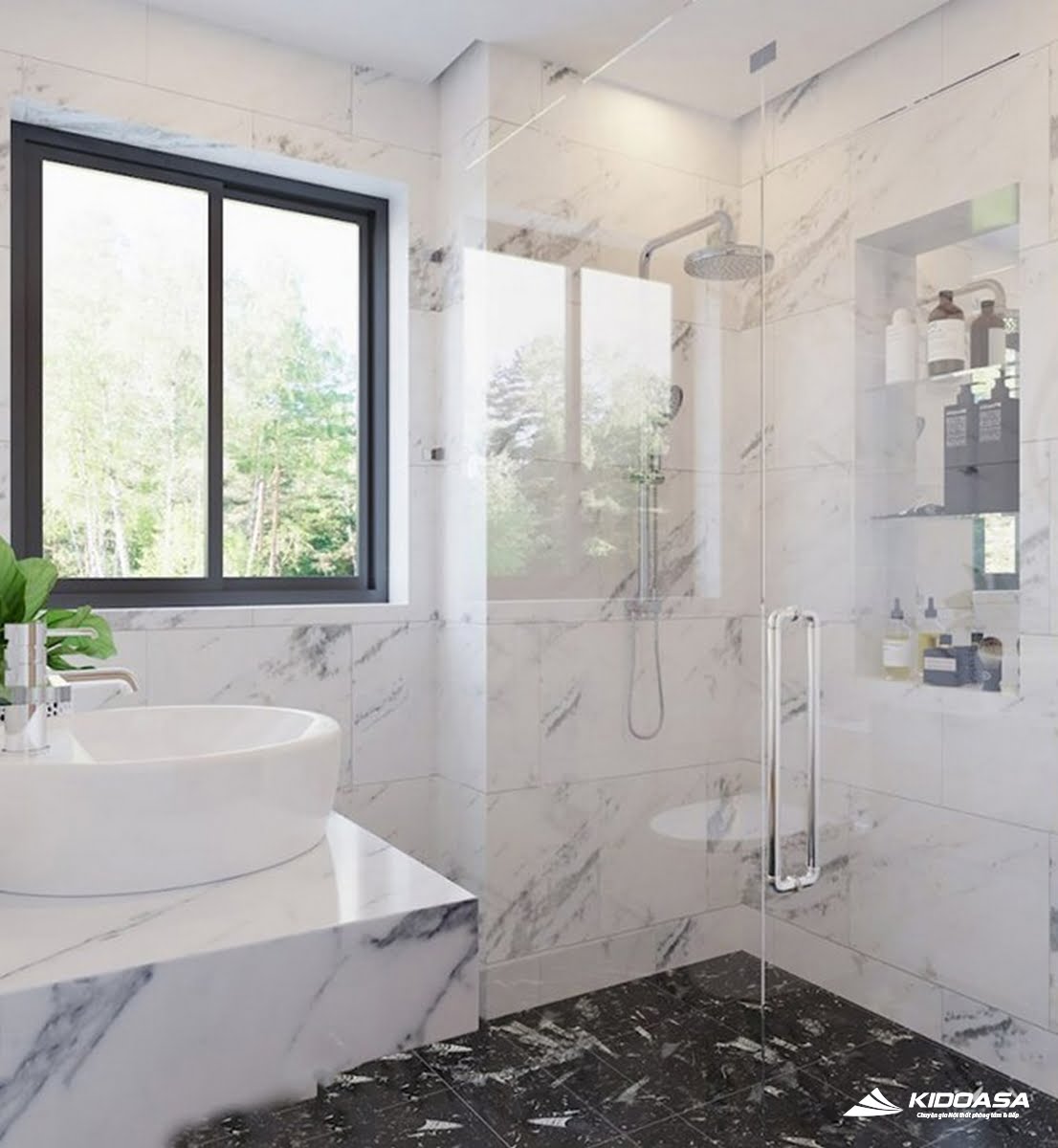 Sử dụng gạch lát kích thước lớn, sáng màu cũng là một mẹo khiến cho phòng tắm như rộng và thoáng hơn