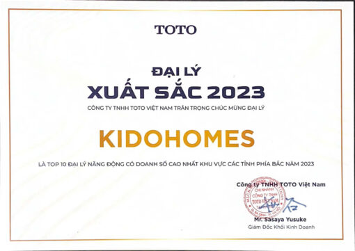 Các chứng nhận và giải thưởng KIDOHOMES đặt được khi là đại lý phân phối chính thức của TOTO Việt Nam tại Hà Nội