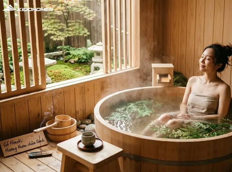 Gỗ Hinoki trong phòng tắm: Hương thơm tự nhiên Nhật Bản chữa lành tâm hồn