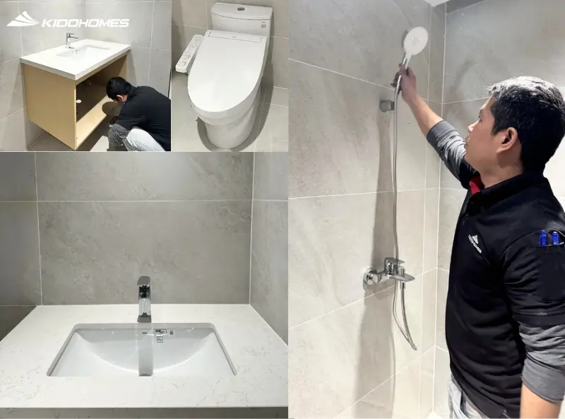 Hoàn thiện lắp đặt combo phòng tắm tối giản cho gia đình chị Đào