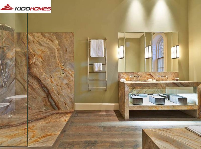 kết hợp đá tự nhiên và gạch men trong phòng tắm