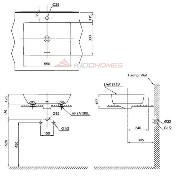 Bản vẽ kỹ thuật của chậu đặt trên bàn TOTO LT1735#MBL