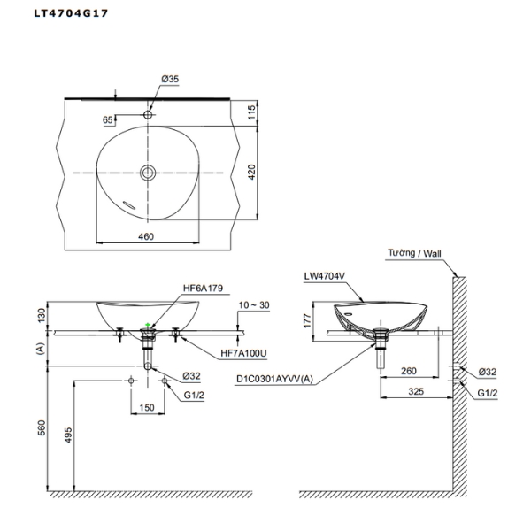 Bản vẽ kỹ thuật của chậu đặt bàn Linear Ceram TOTO LT4704G17#MBL