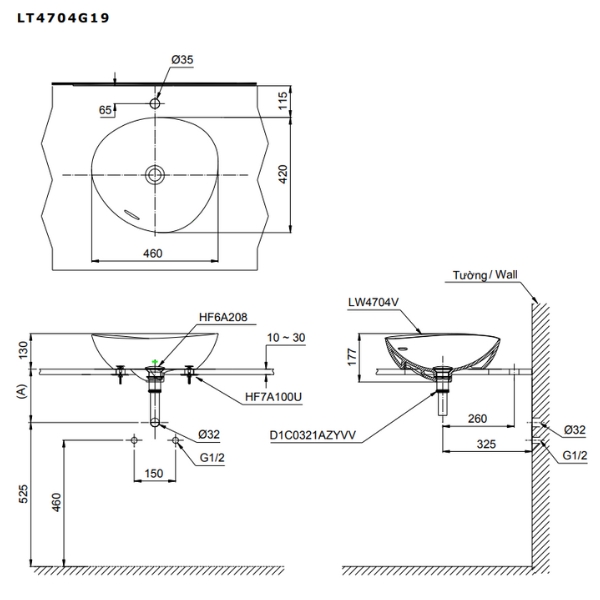 Bản vẽ kỹ thuật của chậu đặt bàn Linear Ceram TOTO LT4704G19#MBL