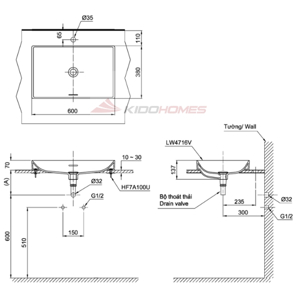 Bản vẽ kỹ thuật của chậu đặt bàn Linear Ceram TOTO LT4716G19#MBL