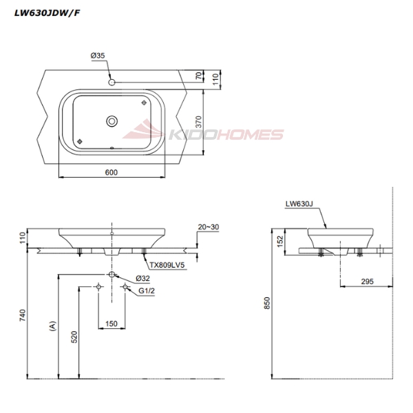 Bản vẽ kỹ thuật của chậu đặt trên bàn TOTO LW630JDW/F#FRG