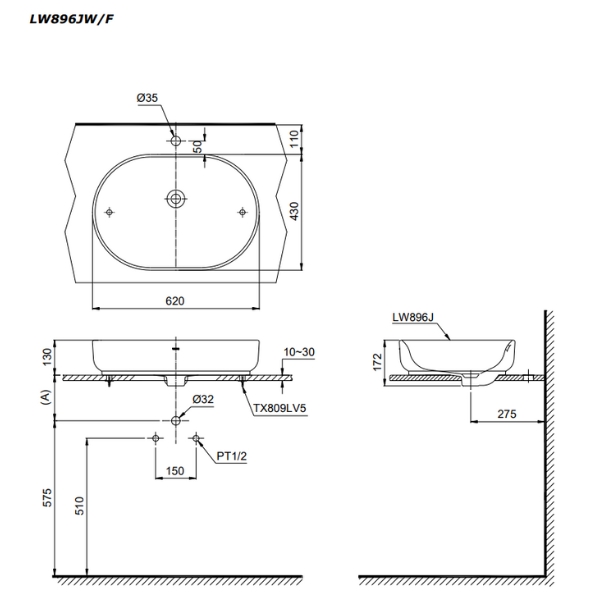 Bản vẽ kỹ thuật của chậu đặt trên bàn TOTO LW896JW/F#MDR